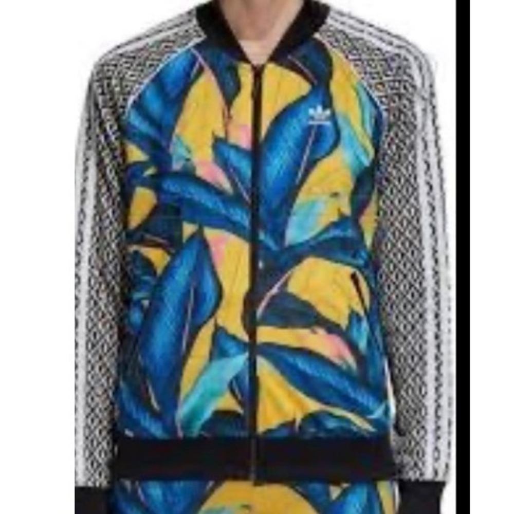 Adidas x Farm Rio Track Jacket Women Small Yellow Blue Tropical Leaf
